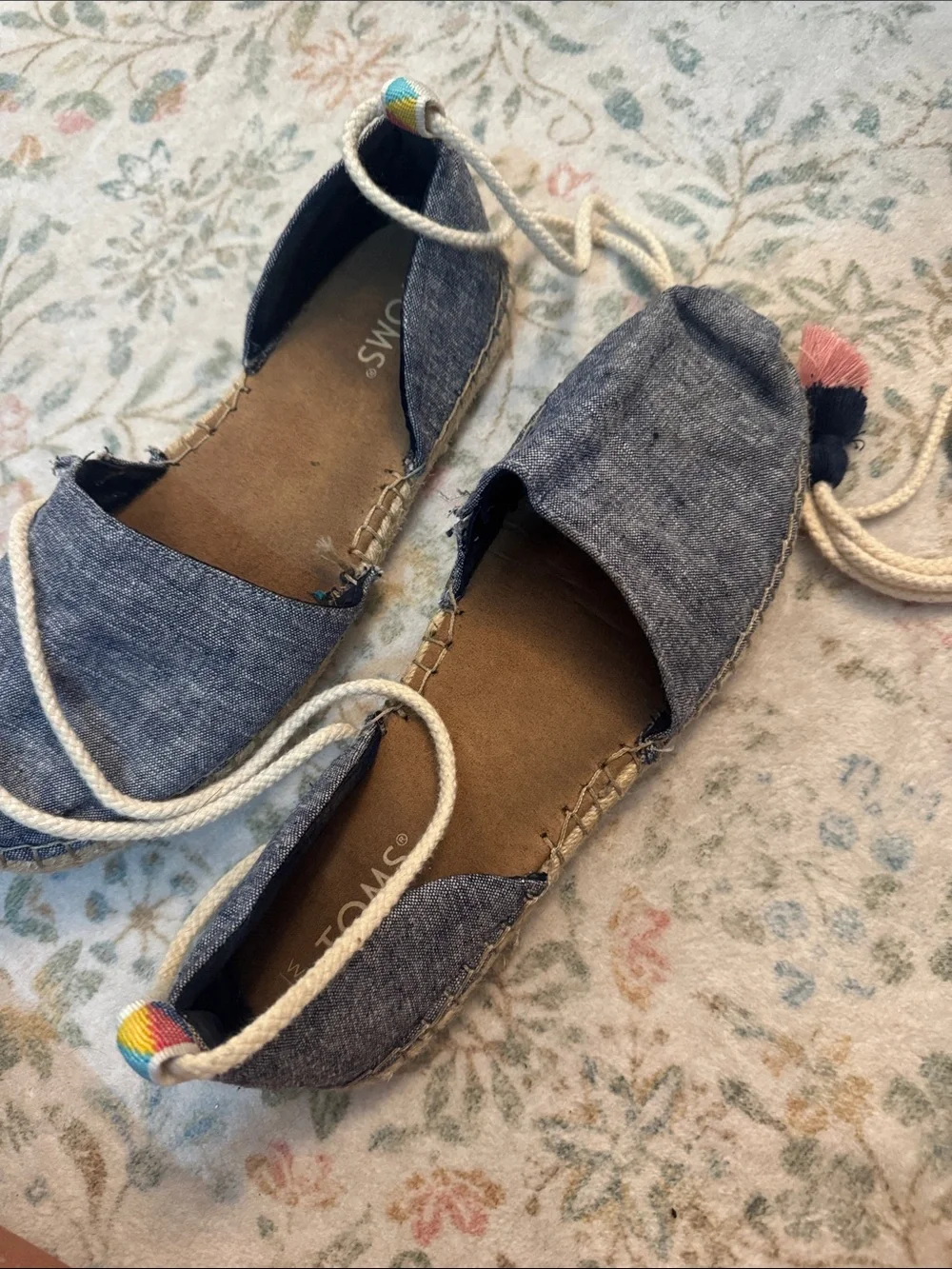 Toms Women's Chambray Lace-Up Espadrilles - Denim Blue with Pom Tassels